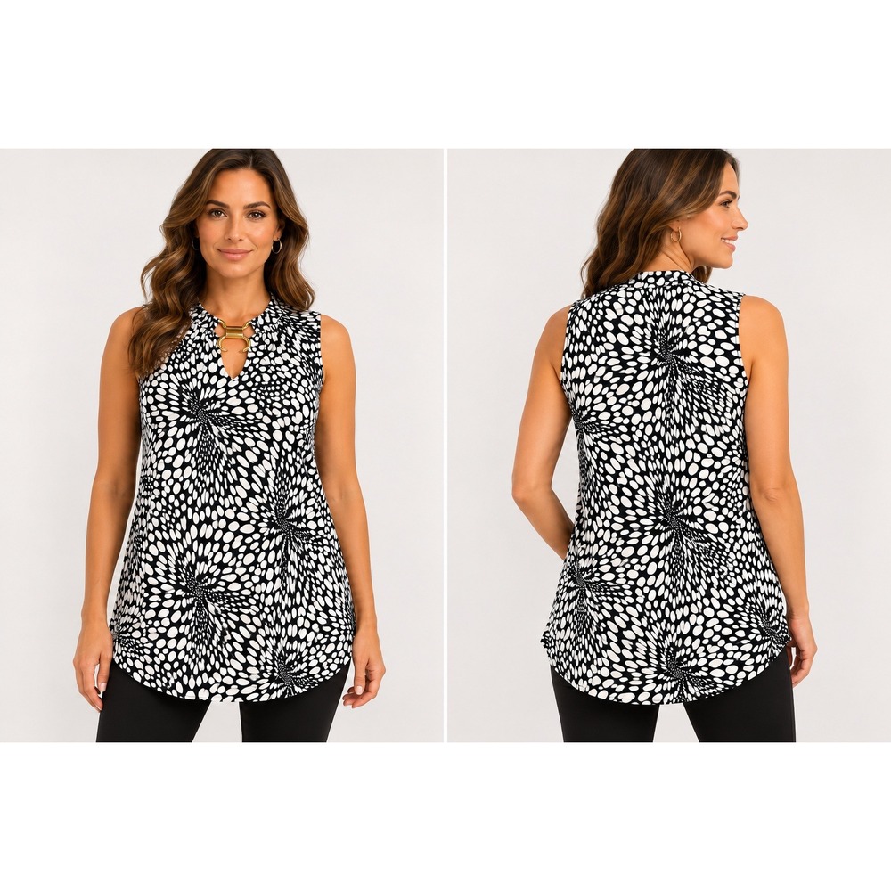 Robert Louis Womens XL Black White Optical Dot Sleeveless Keyhole Ring Top